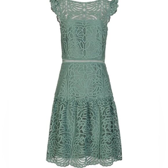 Reiss Herrera Cap Sleeve Lace Dress green fit and flare knee length ruffle 0 - Picture 3 of 16